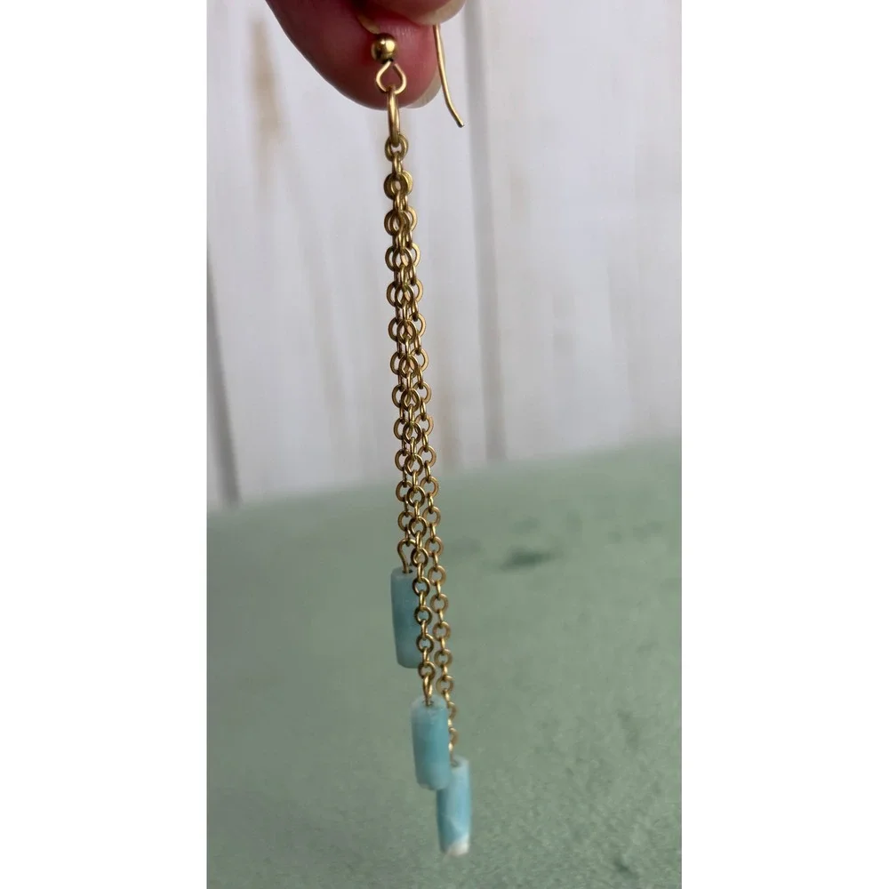 Turquoise Bead Gold Tone‎ Multi Strand Chain Drop Earrings Boho Dangle P122